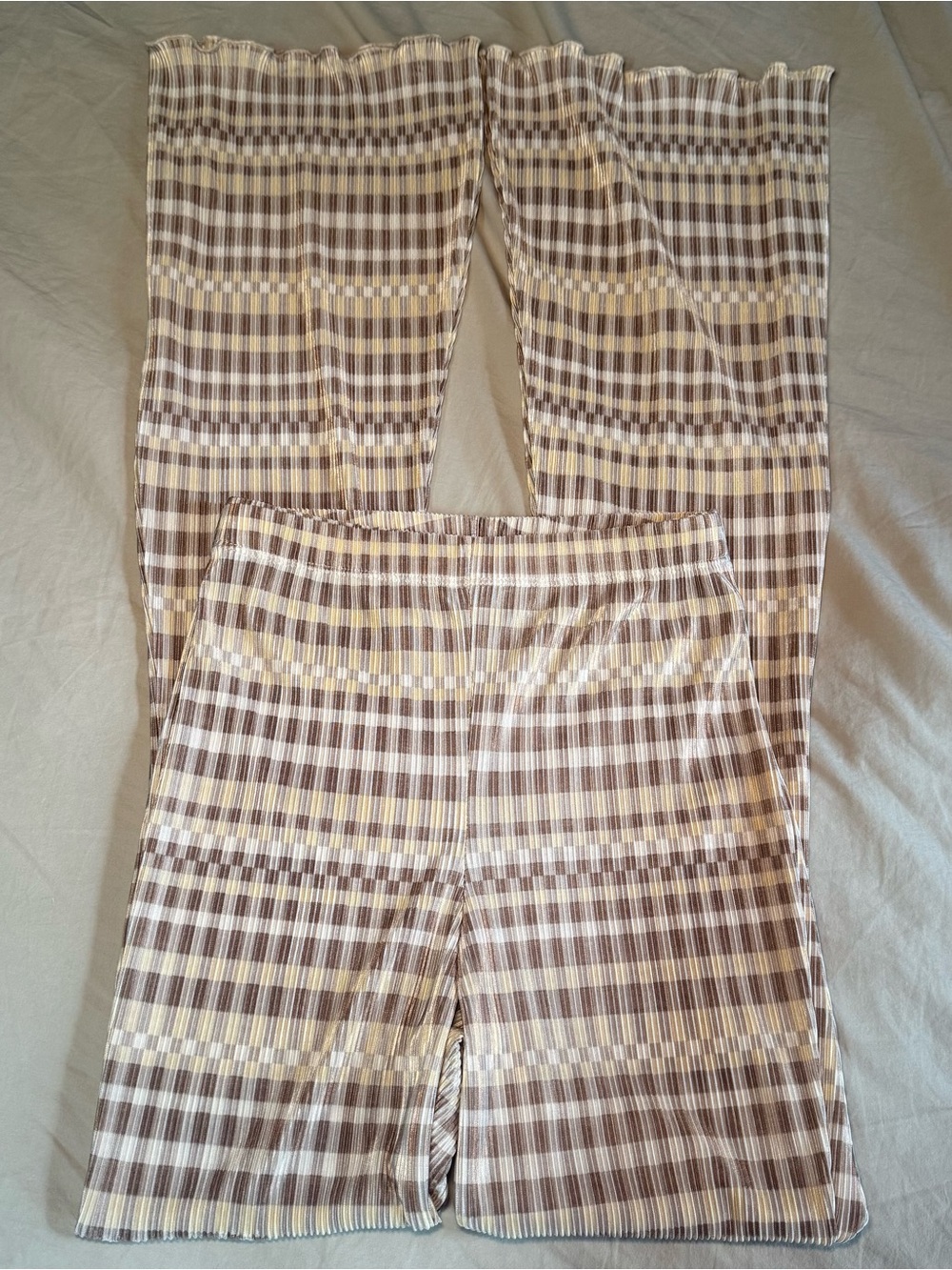 Topshop Plaid Plissé Flared Pants Brown Cream